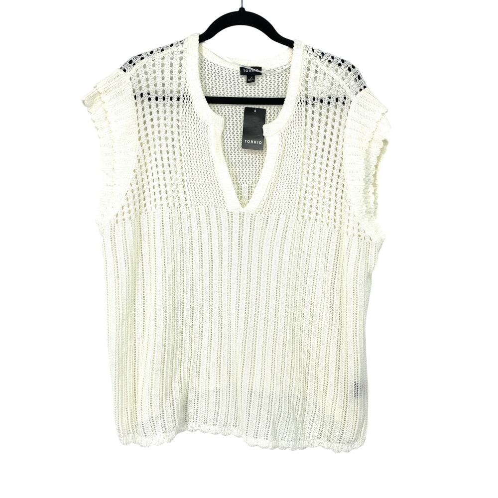 Torrid Pointelle V-Neck Short Sleeve Pullover Sweater Womens 2X Cream White NEW